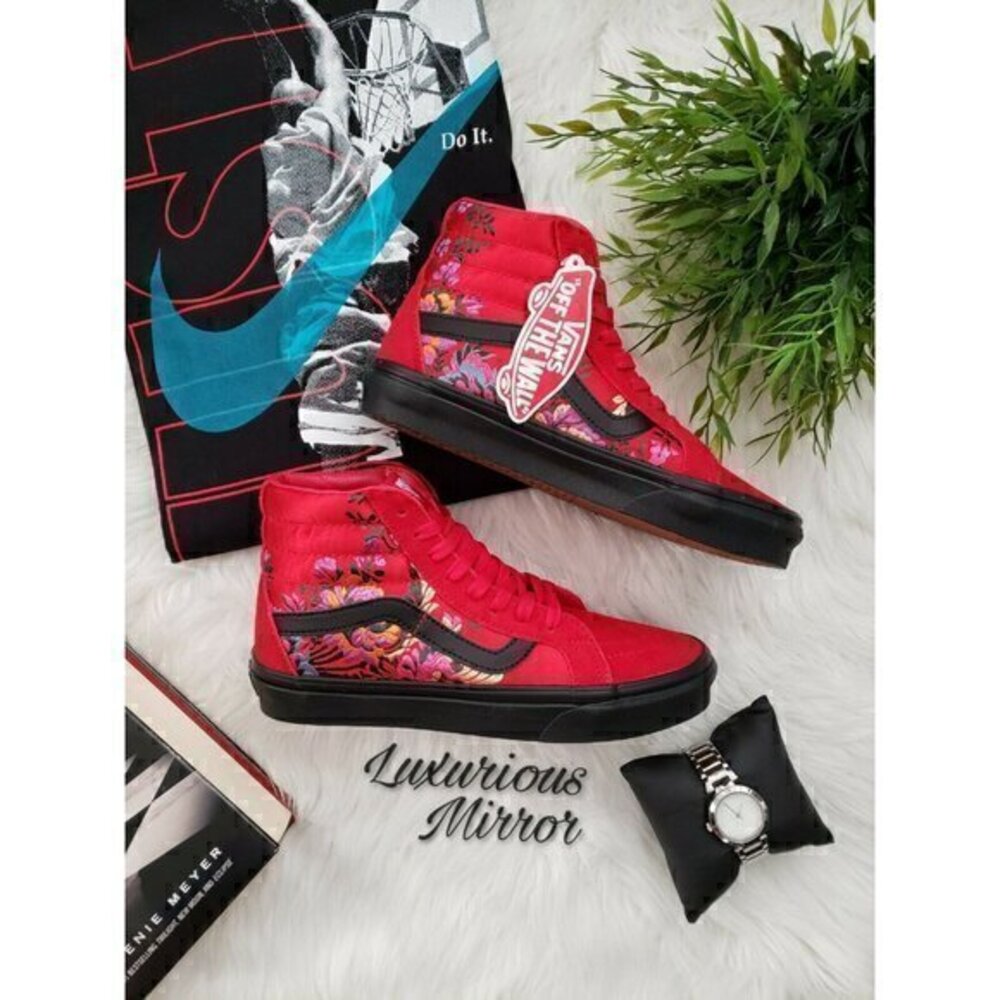 Vans Rare Sk8-Hi Red Reissue Floral Embroidered Festival Satin Skate Shoes 7.5